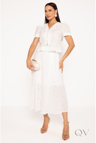CONJUNTO COM BLUSA E SAIA EM LAISE DE ALGODÃO BRANCO - LEKAZIS
