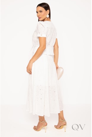CONJUNTO COM BLUSA E SAIA EM LAISE DE ALGODÃO BRANCO - LEKAZIS