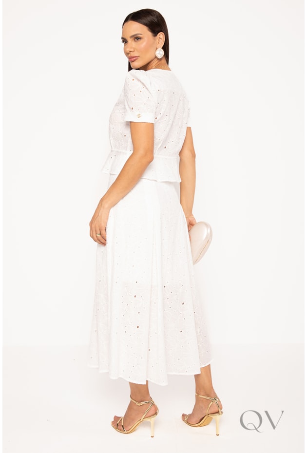 CONJUNTO COM BLUSA E SAIA EM LAISE DE ALGODÃO BRANCO - LEKAZIS