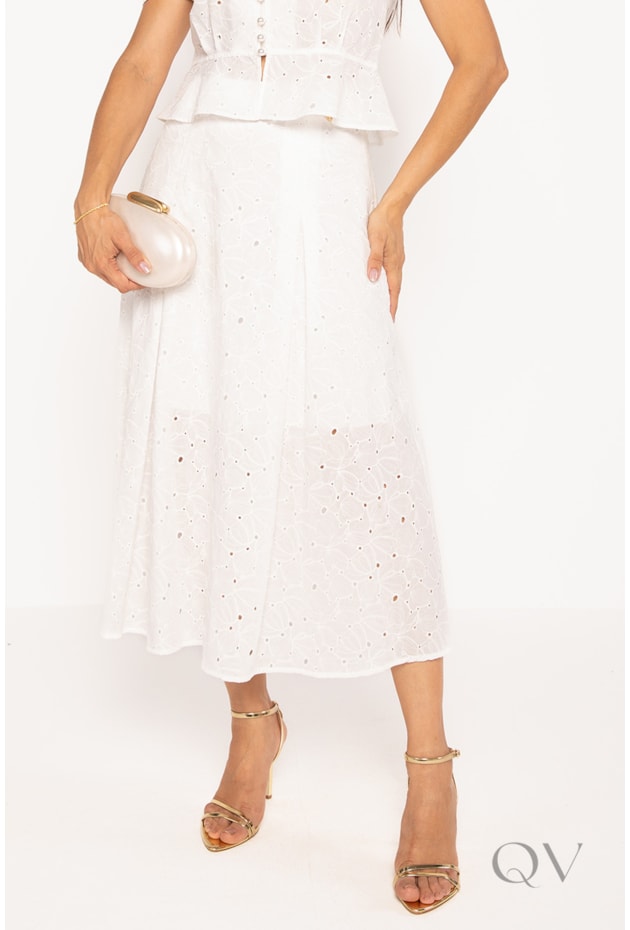 CONJUNTO COM BLUSA E SAIA EM LAISE DE ALGODÃO BRANCO - LEKAZIS