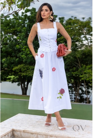 CONJUNTO COM BORDADO EVASÊ EM TRICOLINE BRANCO - LUZIA FAZZOLLI