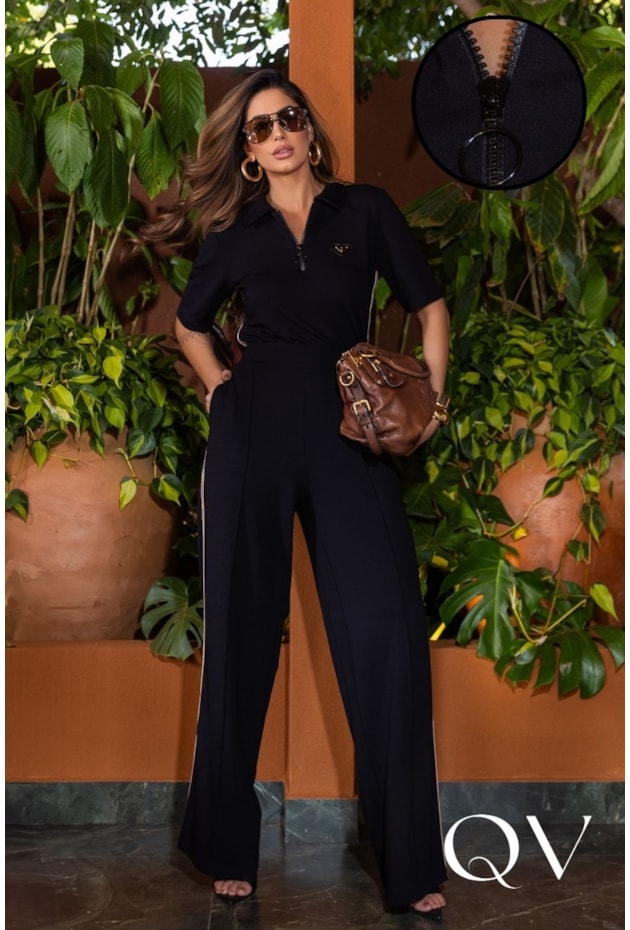 CONJUNTO COM FITA LATERAL EM MOLETINHO POLO PRETO - LUZIA FAZZOLLI