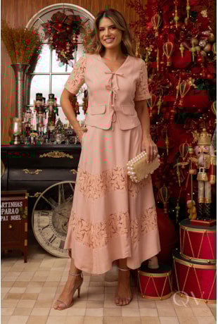 CONJUNTO COM LAÇO EM LINHO COM RENDA ROSÊ - LUZIA FAZZOLLI