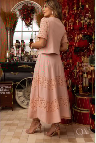 CONJUNTO COM LAÇO EM LINHO COM RENDA ROSÊ - LUZIA FAZZOLLI