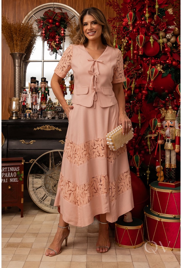 CONJUNTO COM LAÇO EM LINHO COM RENDA ROSÊ - LUZIA FAZZOLLI