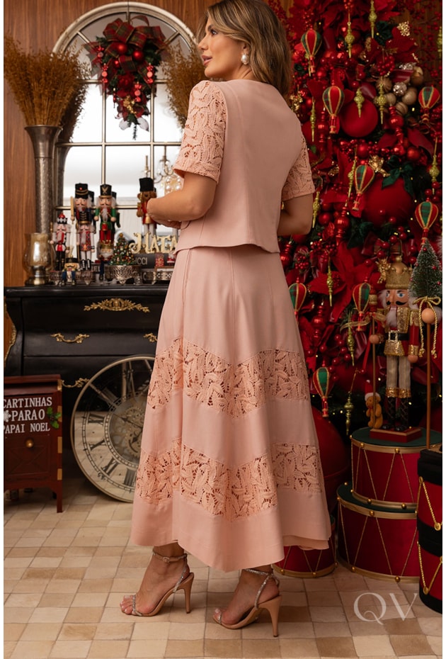 CONJUNTO COM LAÇO EM LINHO COM RENDA ROSÊ - LUZIA FAZZOLLI
