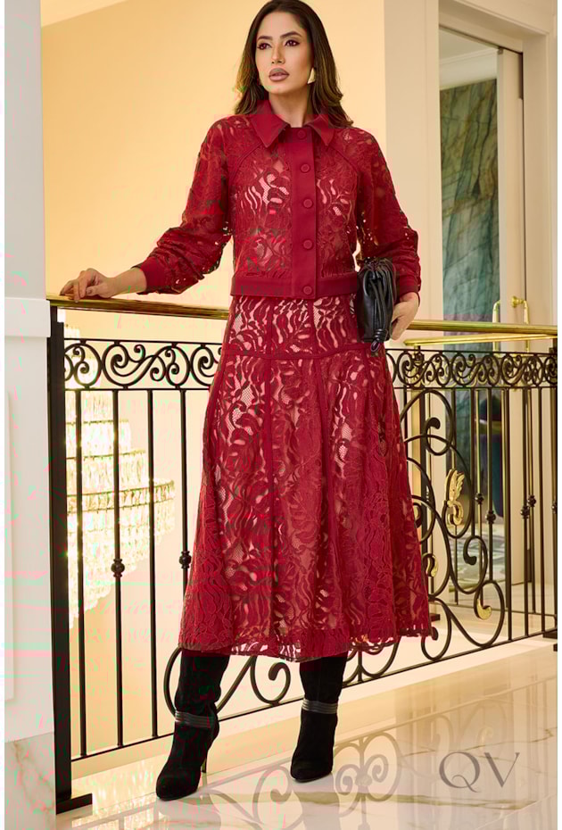 CONJUNTO EM ALFAIATARIA E RENDA VERMELHO - LUZIA FAZZOLLI