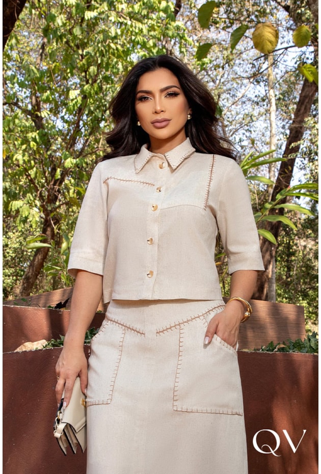 CONJUNTO EM LINHO BORDADO MANUAL BEGE - LUZIA FAZZOLLI CONJUNTO EM LINHO BORDADO MANUAL BEGE - LUZIA FAZZOLLI