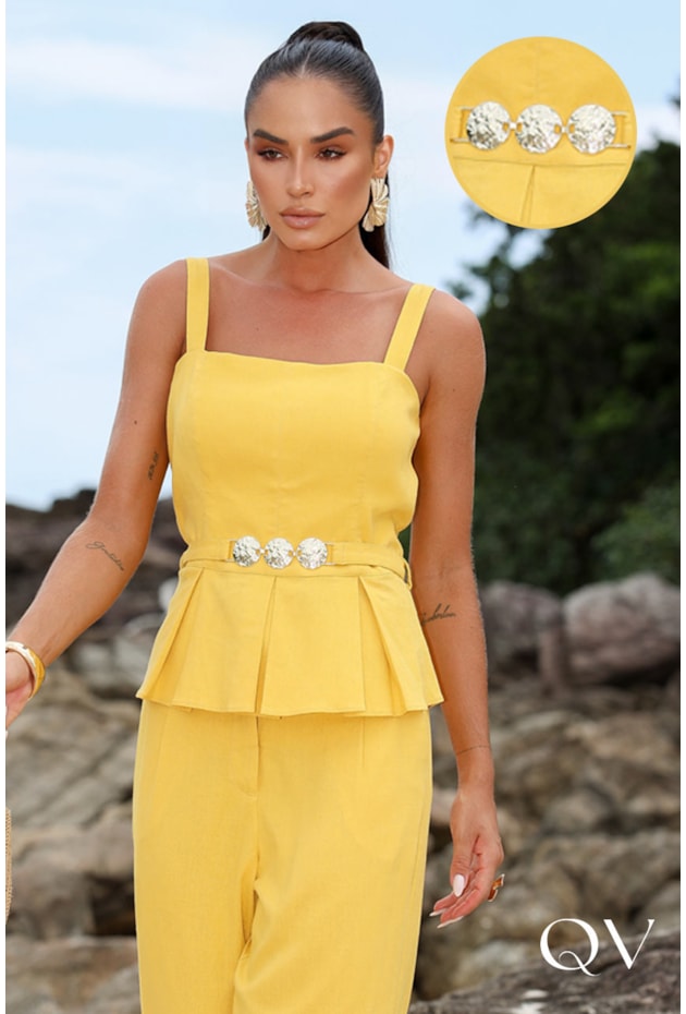 CONJUNTO EM LINHO COM CINTO AMARELO - LUZIA FAZZOLLI