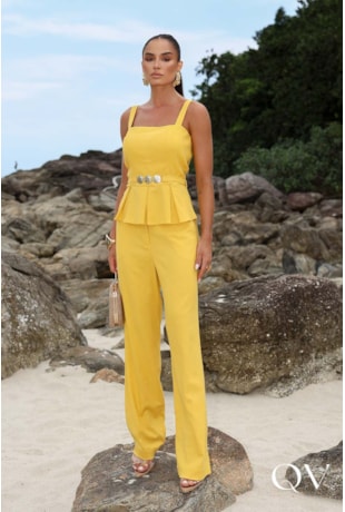 CONJUNTO EM LINHO COM CINTO AMARELO - LUZIA FAZZOLLI