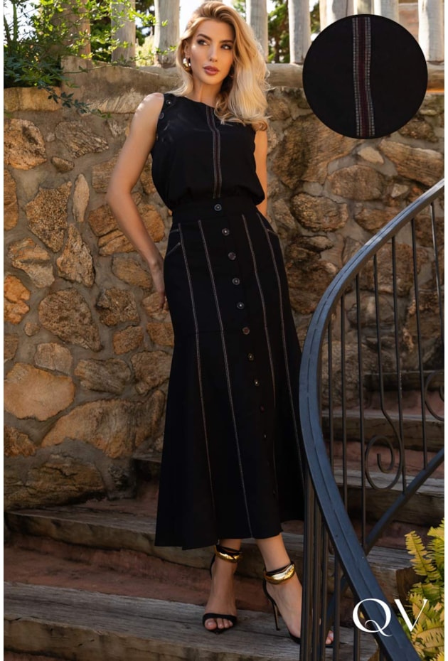 CONJUNTO EM LINHO MAXI MIDI BOTÕES FRONTAIS PRETO - ARTSY