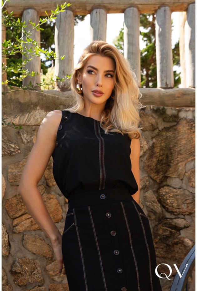 CONJUNTO EM LINHO MAXI MIDI BOTÕES FRONTAIS PRETO - ARTSY