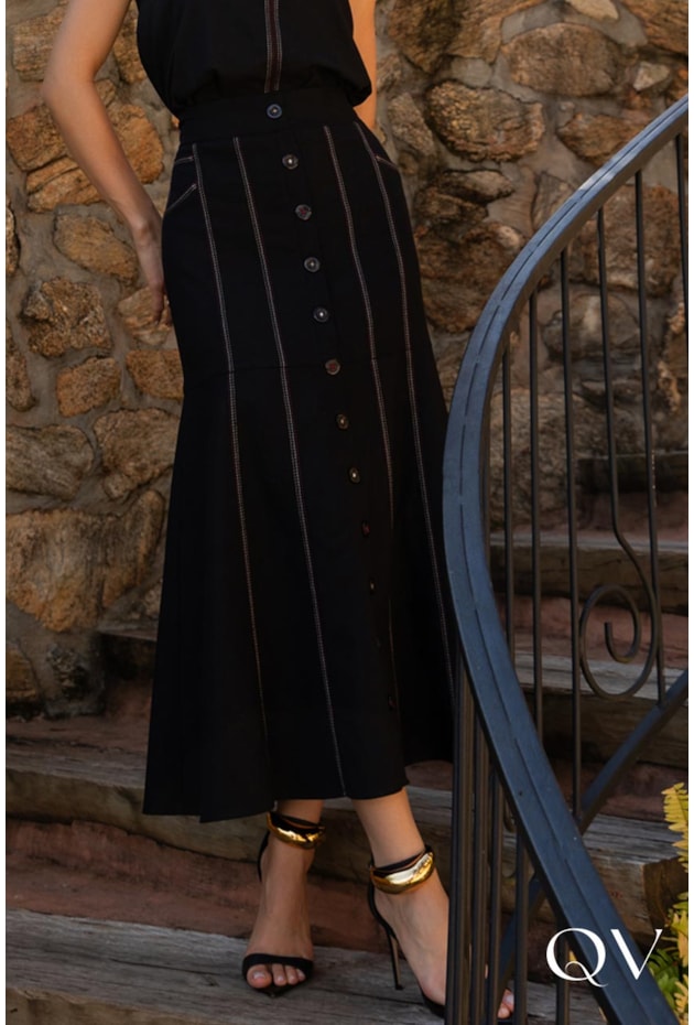 CONJUNTO EM LINHO MAXI MIDI BOTÕES FRONTAIS PRETO - ARTSY