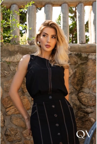 CONJUNTO EM LINHO MAXI MIDI BOTÕES FRONTAIS PRETO - ARTSY