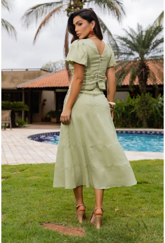 CONJUNTO EM LINHO PURO COM FRUFRUS VERDE - LUZIA FAZZOLLI