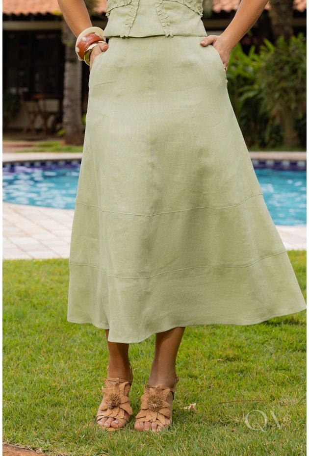 CONJUNTO EM LINHO PURO COM FRUFRUS VERDE - LUZIA FAZZOLLI