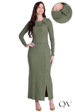 CONJUNTO EM MALHA CANELADA COM GOLA VERDE - HAPUK