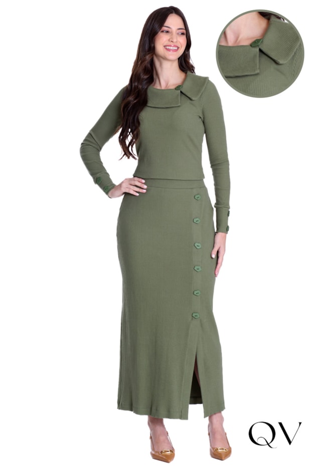 CONJUNTO EM MALHA CANELADA COM GOLA VERDE - HAPUK