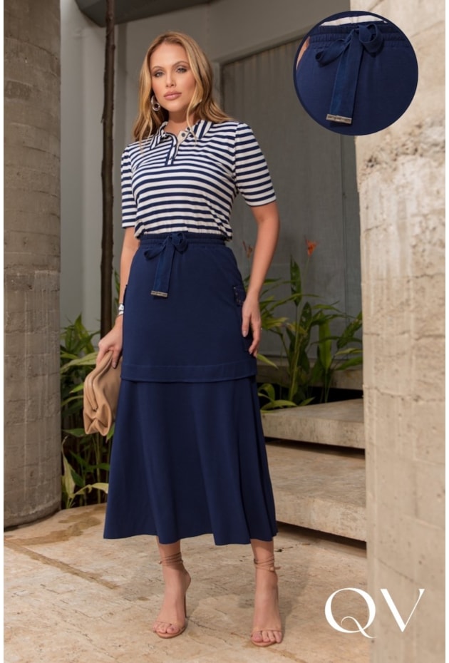 CONJUNTO EM MALHA LISTRADO AZUL MARINHO - LUZIA FAZZOLLI