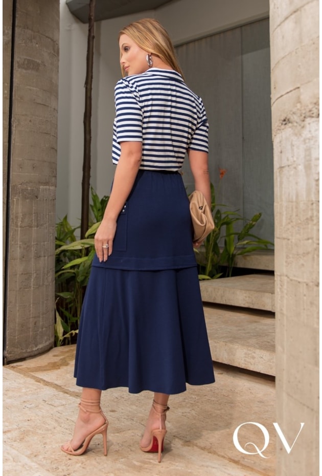 CONJUNTO EM MALHA LISTRADO AZUL MARINHO - LUZIA FAZZOLLI