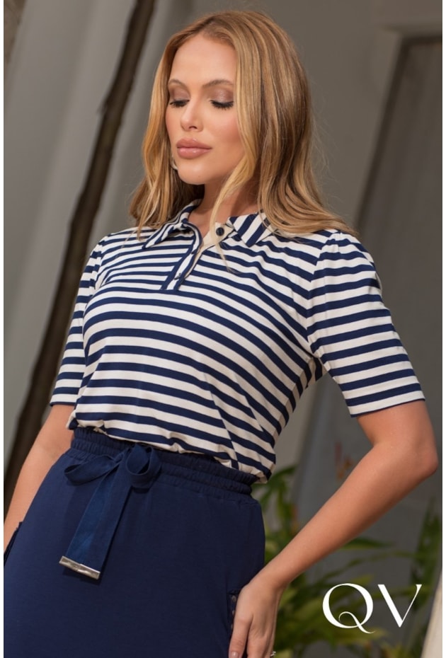 CONJUNTO EM MALHA LISTRADO AZUL MARINHO - LUZIA FAZZOLLI