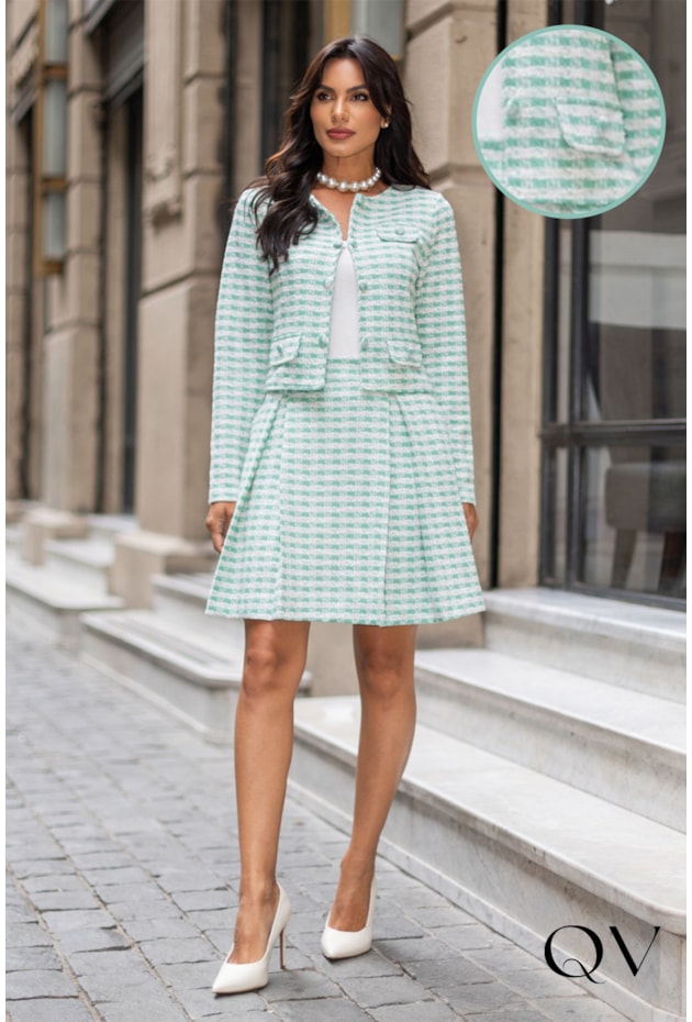 CONJUNTO EM MALHA TWEED XADREZ VERDE - JANY PIM  CONJUNTO EM MALHA TWEED XADREZ VERDE - JANY PIM