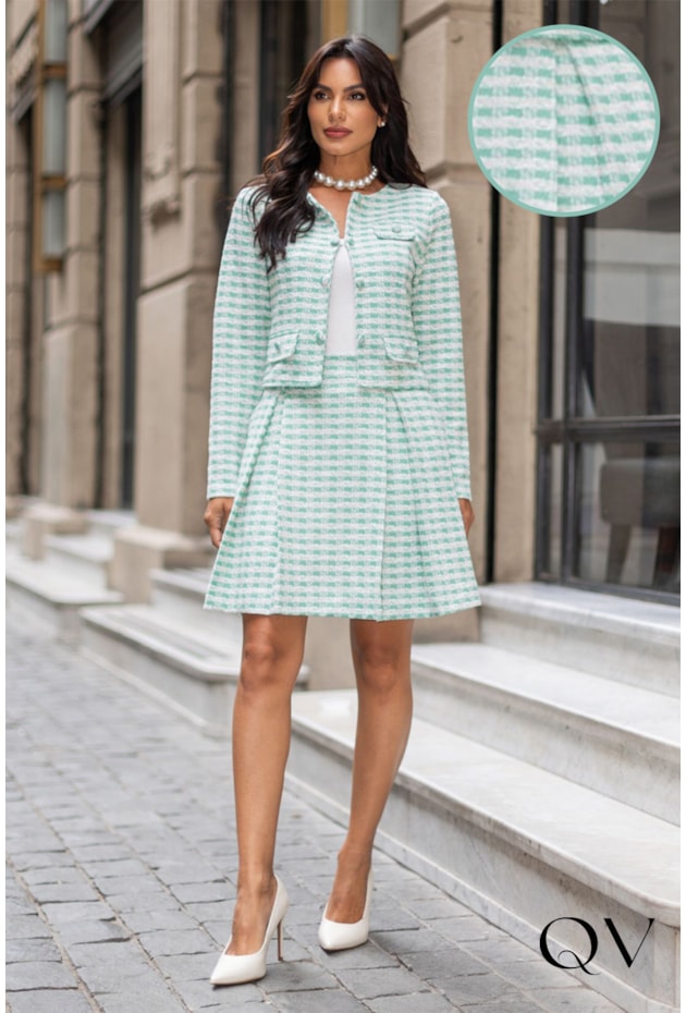 CONJUNTO EM MALHA TWEED XADREZ VERDE - JANY PIM  CONJUNTO EM MALHA TWEED XADREZ VERDE - JANY PIM