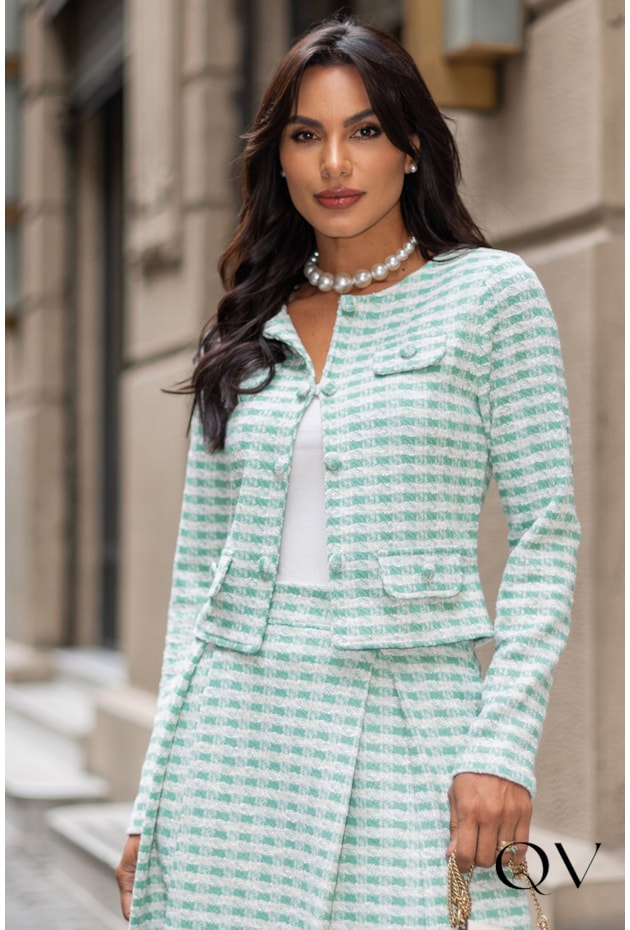CONJUNTO EM MALHA TWEED XADREZ VERDE - JANY PIM  CONJUNTO EM MALHA TWEED XADREZ VERDE - JANY PIM