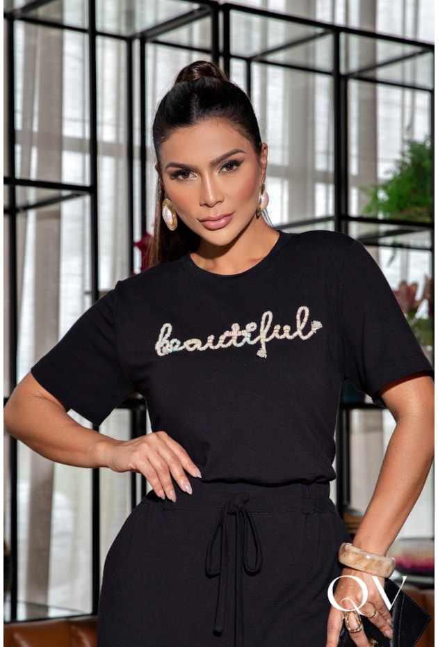 CONJUNTO EM MOLETINHO BORDADO PRETO - LUZIA FAZZOLLI