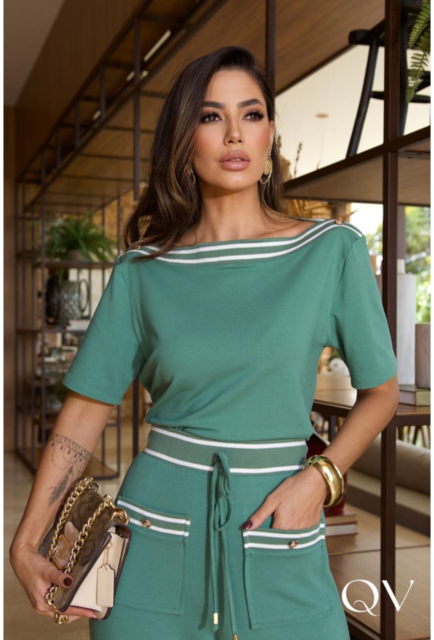 CONJUNTO EM MOLETINHO COMFY LISTRADO VERDE - LUZIA FAZZOLLI