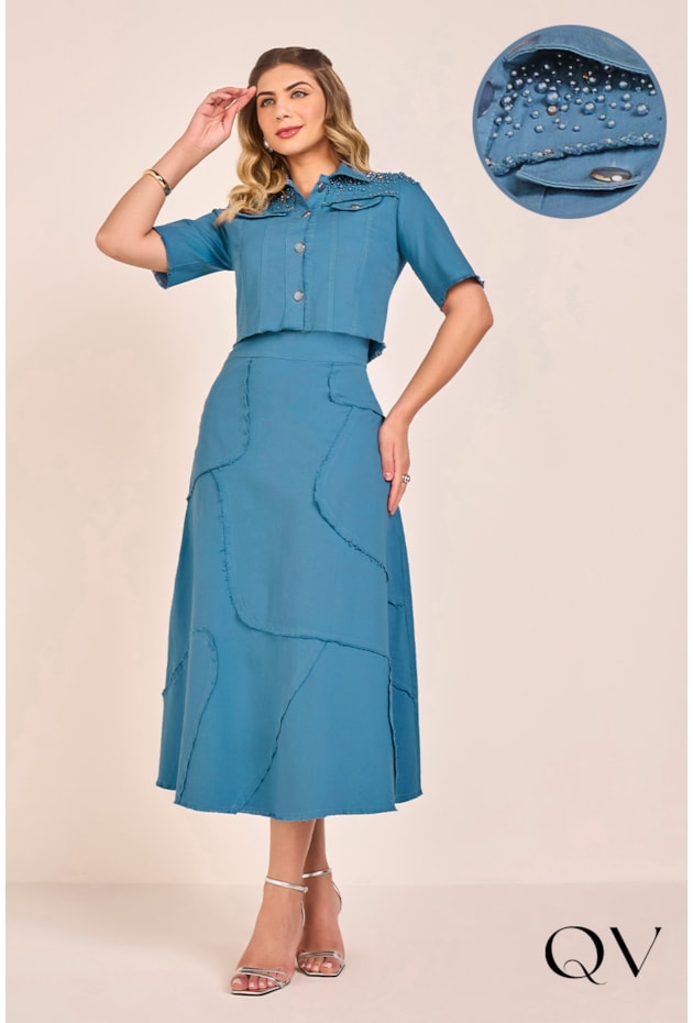 Conjunto Em Sarja Bordado Azul Fascinius QVestido Moda