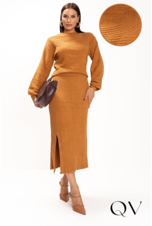 CONJUNTO EM TRICOT COM FENDA LATERAL CARAMELO - LEKAZIS