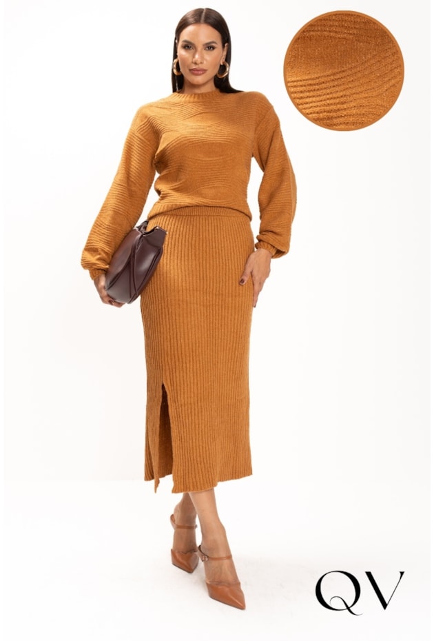 CONJUNTO EM TRICOT COM FENDA LATERAL CARAMELO - LEKAZIS