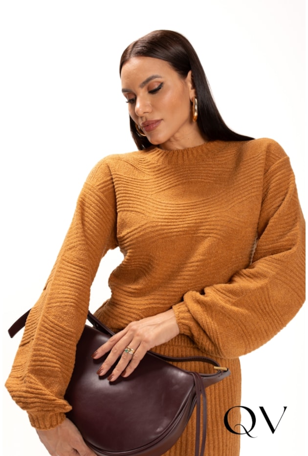 CONJUNTO EM TRICOT COM FENDA LATERAL CARAMELO - LEKAZIS