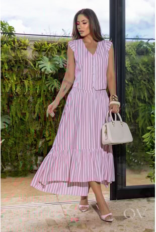 CONJUNTO FIO TINTO EM TRICOLINE LISTRADO ROSA - LUZIA FAZZOLLI