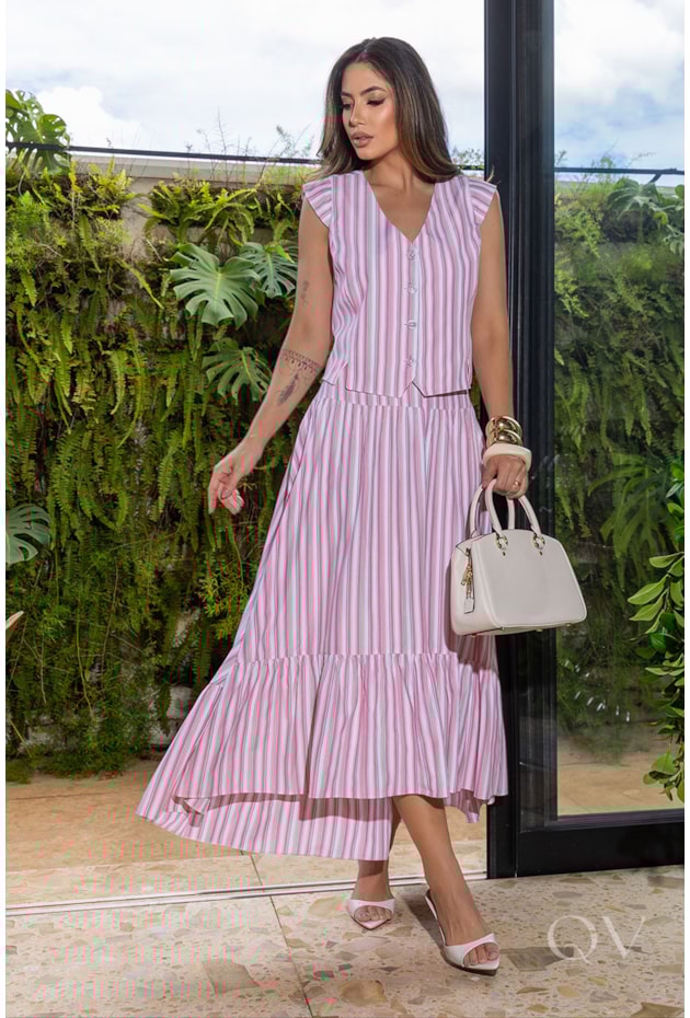 CONJUNTO FIO TINTO EM TRICOLINE LISTRADO ROSA - LUZIA FAZZOLLI