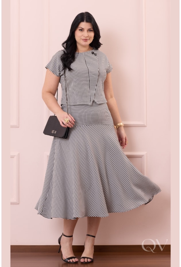 CONJUNTO GODÊ MIDI XADREZ EM CREPE ALFAIATARIA PRETO - PURO SHARMY