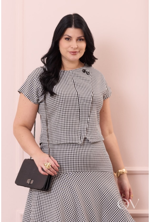 CONJUNTO GODÊ MIDI XADREZ EM CREPE ALFAIATARIA PRETO - PURO SHARMY