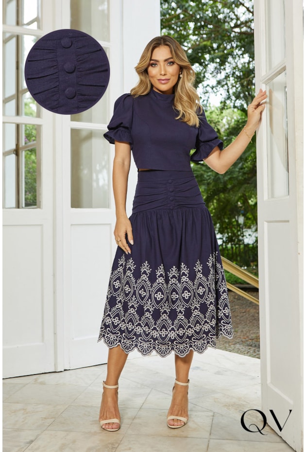 CONJUNTO LINHO BORDADO MARINHO - DOCE MARIA CONJUNTO LINHO BORDADO MARINHO - DOCE MARIA