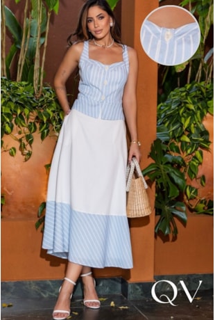 CONJUNTO LISTRADA EM LINHO COMPOSÊ AZUL E OFF WHITE - LUZIA FAZZOLLI