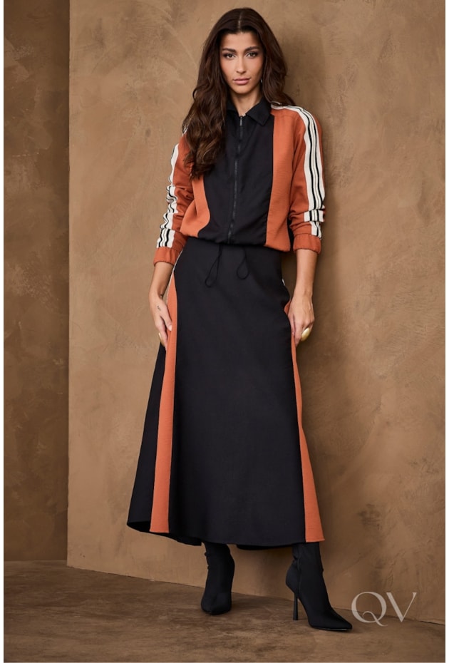 CONJUNTO LONGO EVASÊ EM CREPE E VISCOSE PRETO - ARTSY