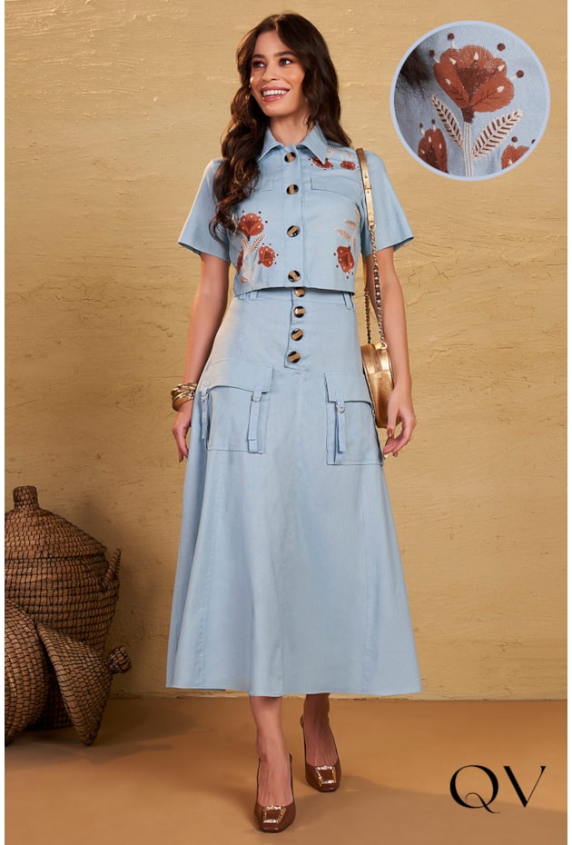 CONJUNTO LONGUETE LINHO BORDADO AZUL - FASCÍNIUS CONJUNTO LONGUETE LINHO BORDADO AZUL - FASCÍNIUS