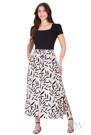 CONJUNTO MAX MIDI EM MALHA CANELADA ESTAMPADO FLORAL PRETO - HAPUK