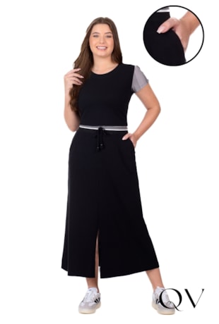 CONJUNTO MAX MIDI EM MALHA PIQUET LISA E LISTRADA PRETO - HAPUK