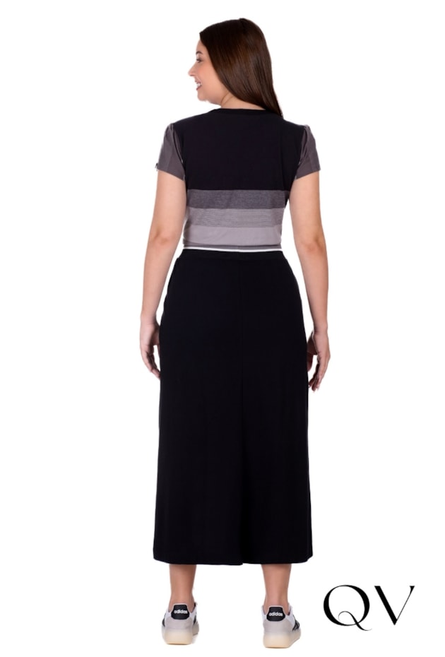 CONJUNTO MAX MIDI EM MALHA PIQUET LISA E LISTRADA PRETO - HAPUK