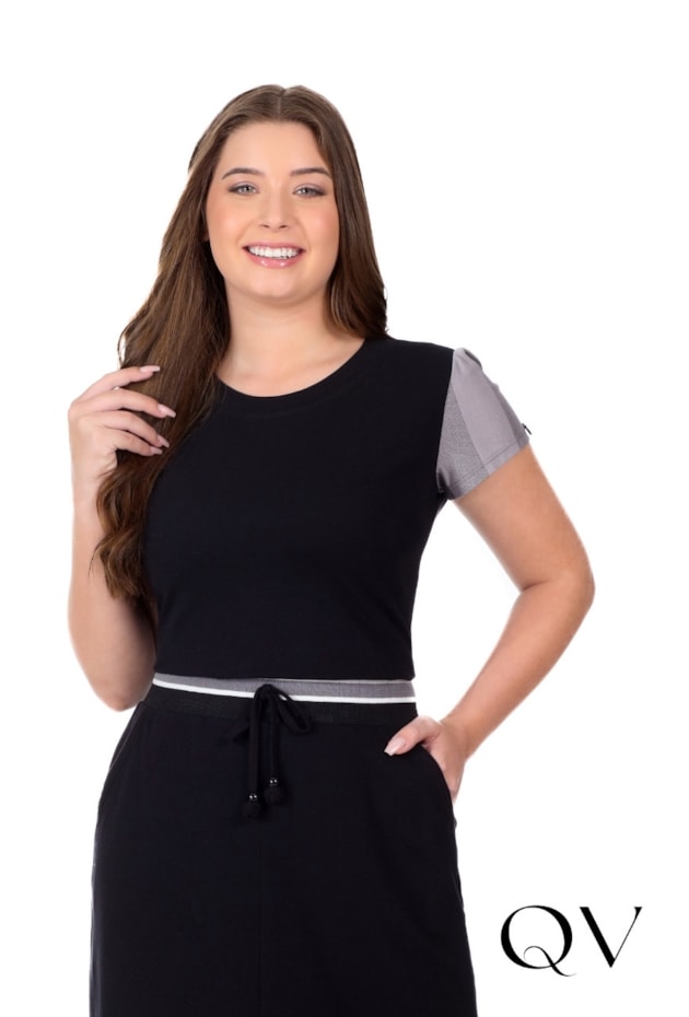 CONJUNTO MAX MIDI EM MALHA PIQUET LISA E LISTRADA PRETO - HAPUK