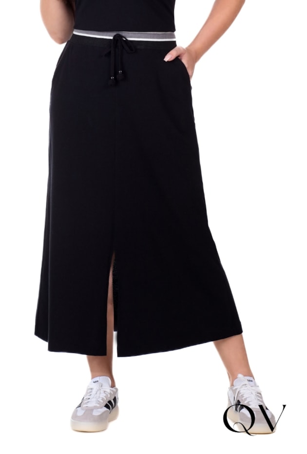 CONJUNTO MAX MIDI EM MALHA PIQUET LISA E LISTRADA PRETO - HAPUK