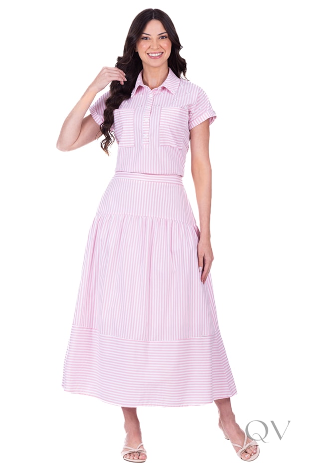 CONJUNTO MIDI COM BOLSOS FRONTAIS EM TECIDO PLANO LISTRADO ROSA - HAPUK