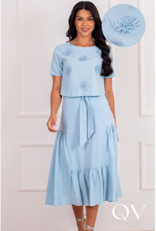 CONJUNTO MIDI EM ALGODÃO COM LINHO AZUL - PURO SHARMY