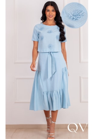 CONJUNTO MIDI EM ALGODÃO COM LINHO AZUL - PURO SHARMY